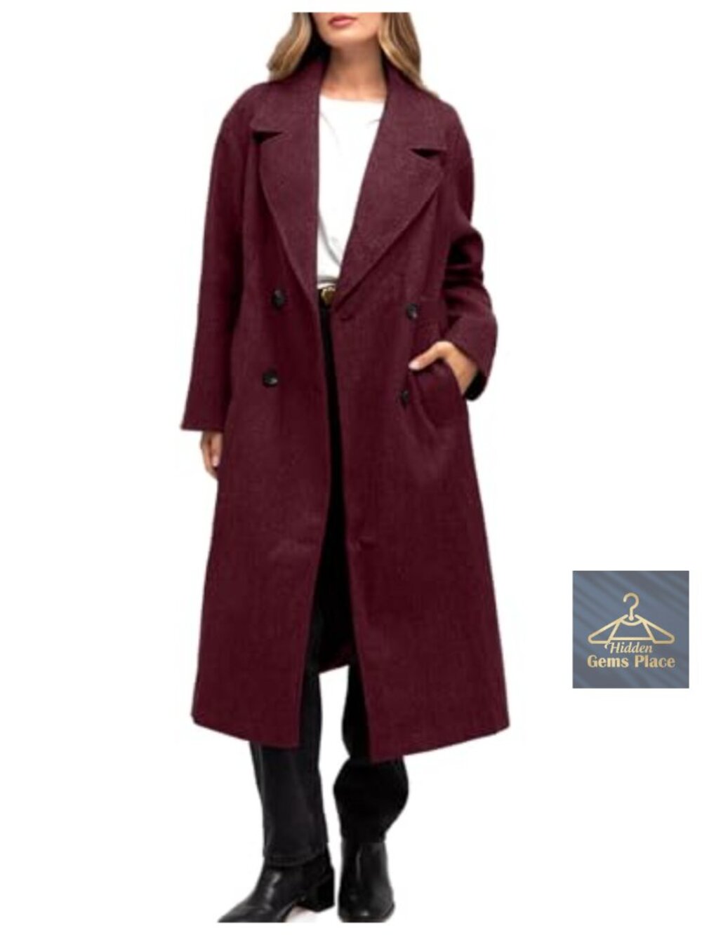 Womens Long Wool Blend Coat Double Breasted Pea Trench with Pockets